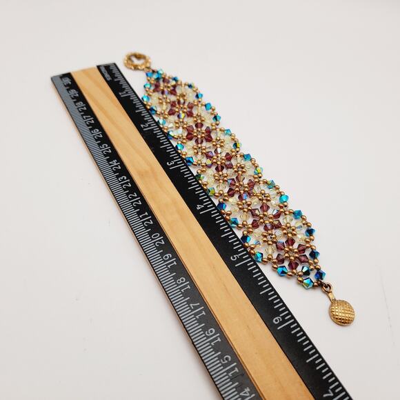 Vintage Handwoven Small Crystal Bracelet - 6 Inches - Unique Sunflower Clasp - Picture 6 of 13